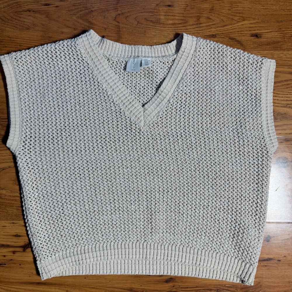 Joie Cream Open Knit Sequin V-Neck Sweater Vest XL Relaxed Boho Crochet Layering